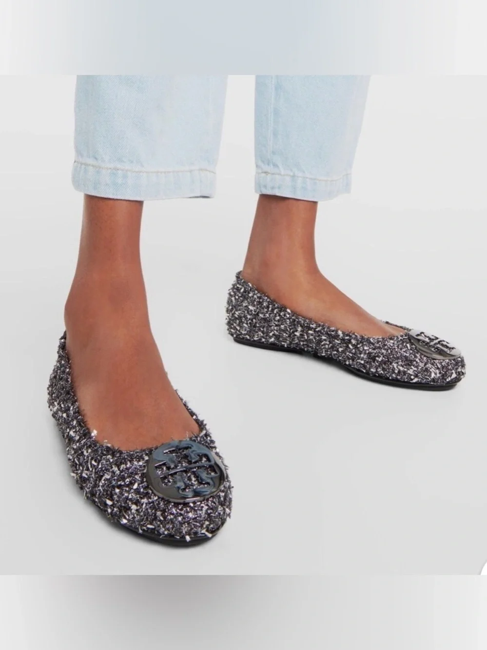 Tory Burch Silver Tweed Logo Ballet Flats